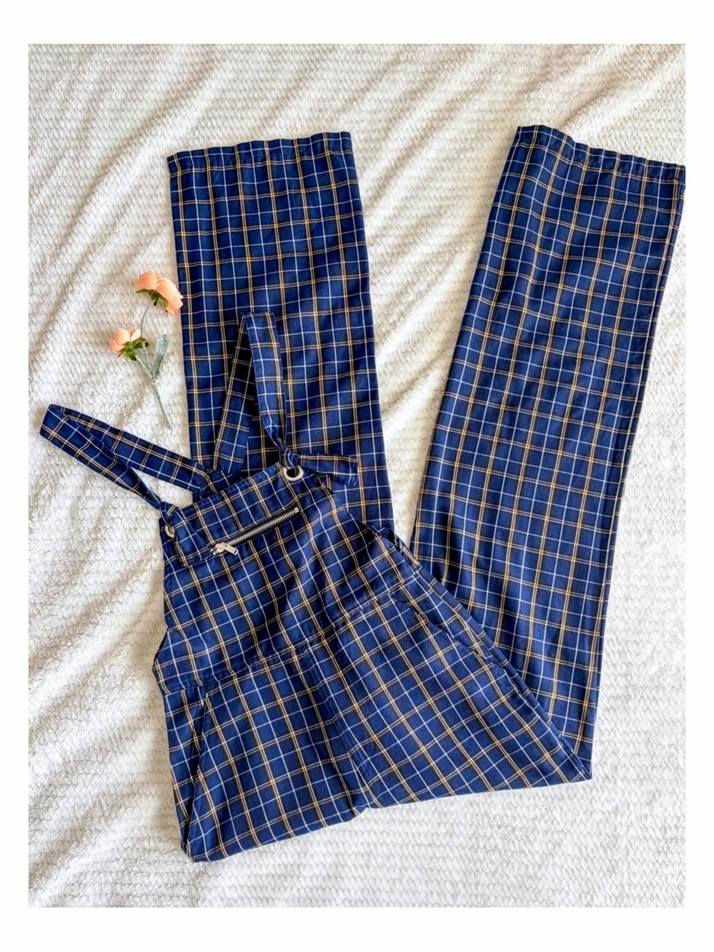 Index Navy Plaid Wide Leg Overalls Jumpsuit Tie Strap Preppy Y2K S Edgy